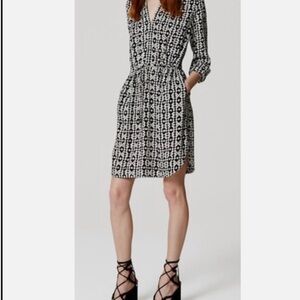 LOFT Black and White Printed Midi Shirt Dress with Waist Tie